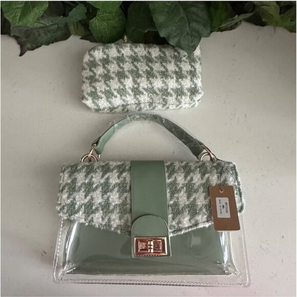 Houndstooth Handbag & Pouch Set - Green & White Pattern With Clear Accents - Picture 7 of 13